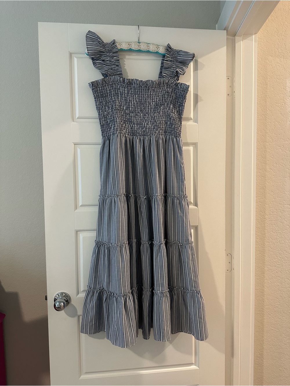 Blue and White Striped Smocked Midi Sundress